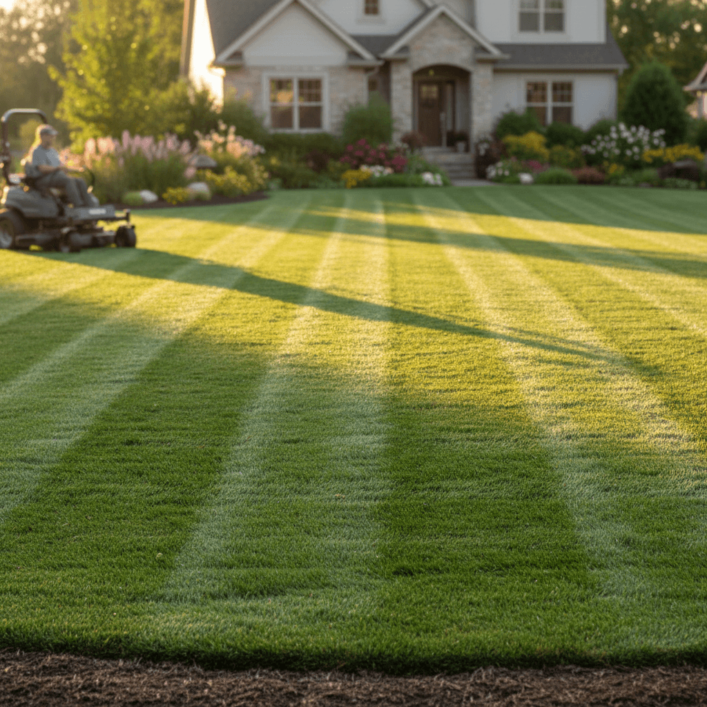 Freshly mowed lawn with parallel cut lines in morning light