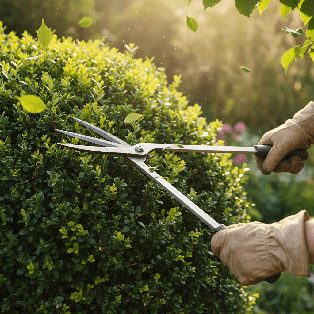 Professional hedge trimmer carefully shaping green foliage