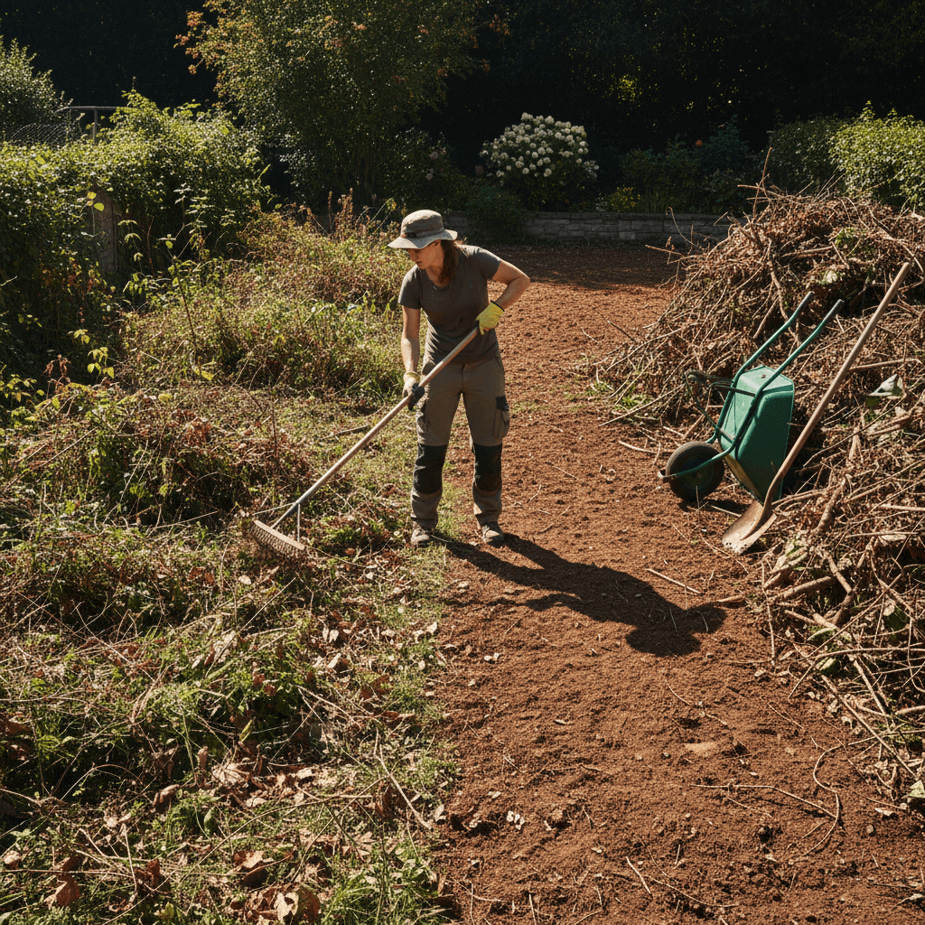 Yard cleanup in progress with accumulated debris being cleared