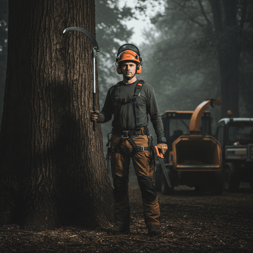 Professional arborist with tools standing beside large tree trunk