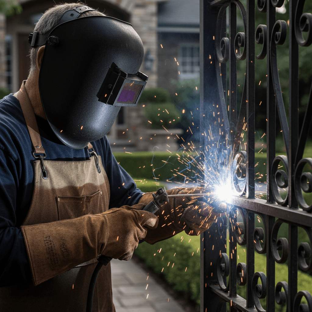 Welder in protective gear performing arc welding on decorative residential gate with bright sparks flying
