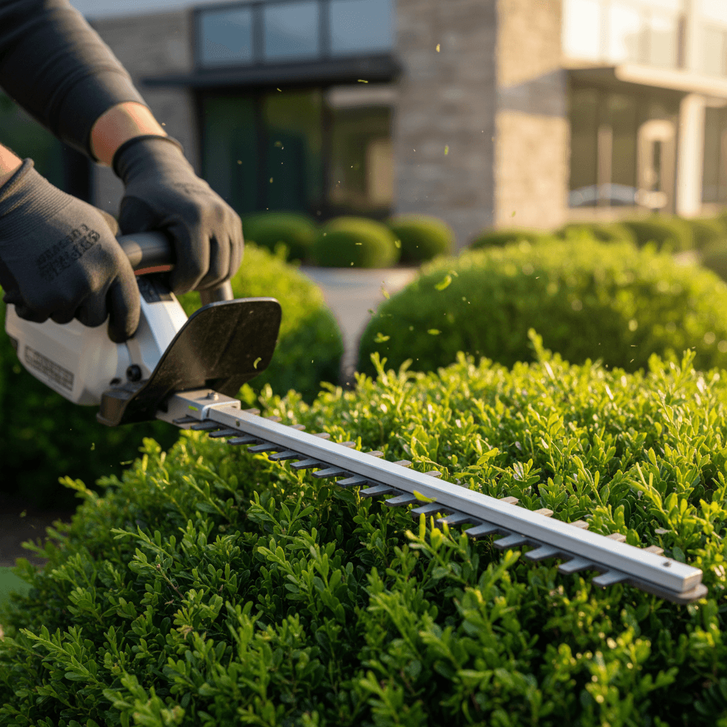 Close-up of gloved hand using hedge trimmer to shape green shrubs and foliage in yard maintenance