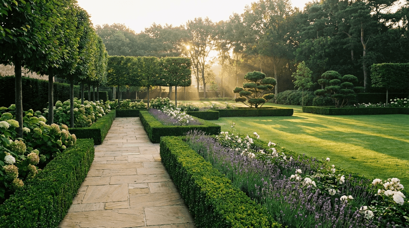 Well-maintained residential garden with manicured lawn, pruned tree, and professional fence in Fejér County
