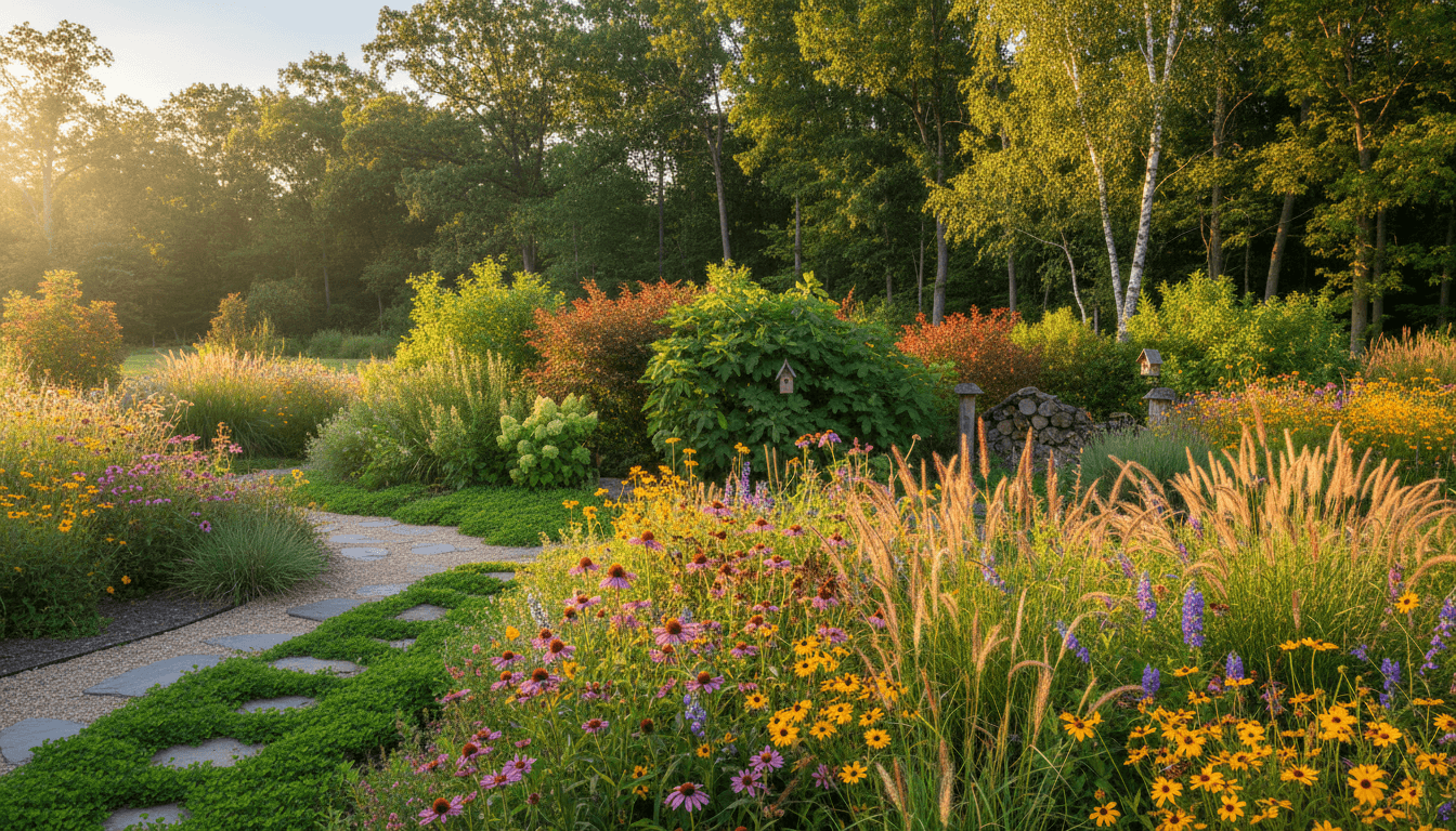 Lush mature residential garden with layered native plantings, flowering perennials, grasses, and winding natural path during golden hour