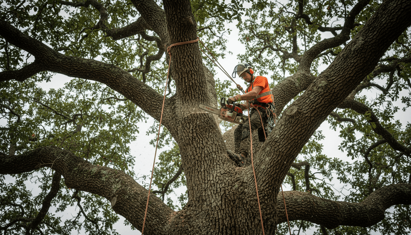 Certified arborist in safety gear rappelling down massive tree trunk with chainsaw during removal operation