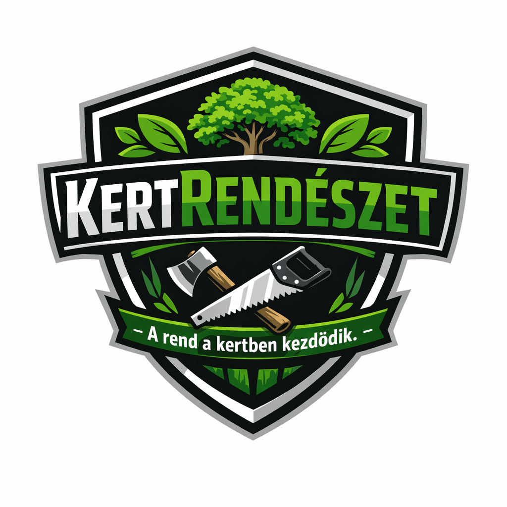 Shield-shaped logo for Kertrendészet featuring a green tree, crossed axe, and a hand saw.
